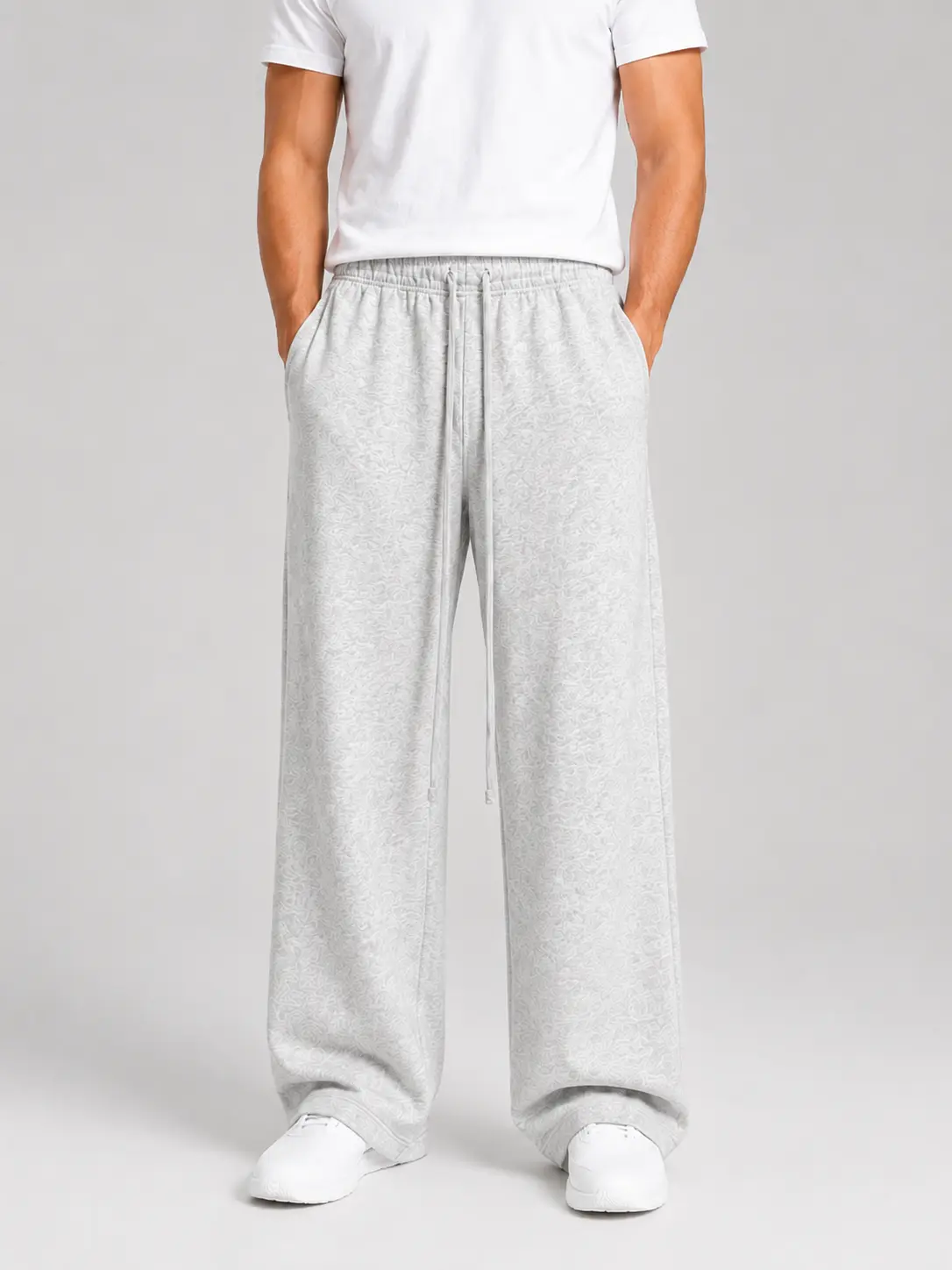 Men's Plain Light Grey Cotton Casual Comfy Joggers - Uncuffed Legs, Elastic Drawstring Waist, Breathable Wide-Leg, Loose-Fit Mid-Waist, Below-The-Ankle Trousers with Deep Pockets, All-Seasons Basic Menswear for Cold Wash