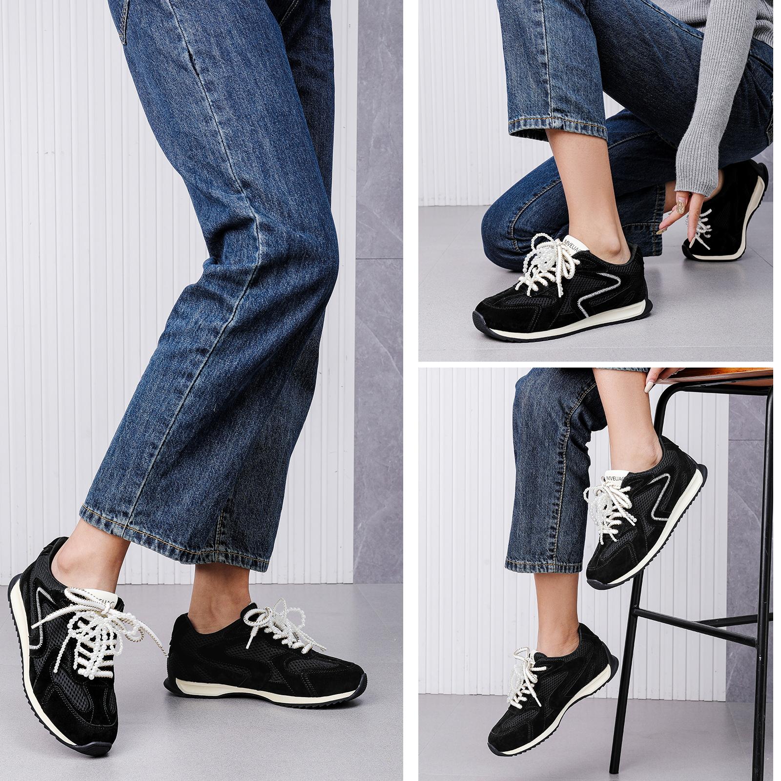 MVEUAC Women's Genuine Leather Athletic All-Season Closed-Toe Lace-Up Casual Trainers, Low-Top Tennis Sneakers for Outdoor Activities & Commuting, Black