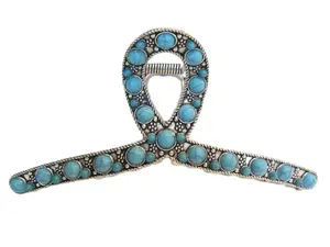 Extra large turquoise blue stone silver metal western hair claw clip