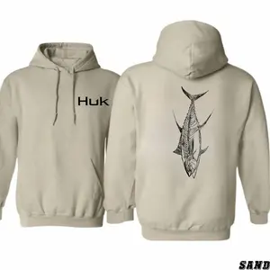 Huk Fishing Hoodie – Minimal Front Logo, Large Fish Line Art Back Print, Angler Outdoor Lifestyle Performance Hoodie