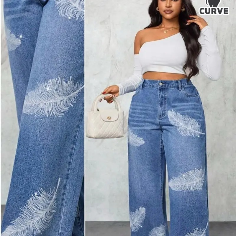 Slaydiva Plus Size Women Feather Pattern Pocket Wide Leg Loose Casual Jeans/Old Money Style/Women's Vintage Clothing/Women's Office Clothing/Business Casual Women's Wear 0xl,1xl,2xL,3xl
