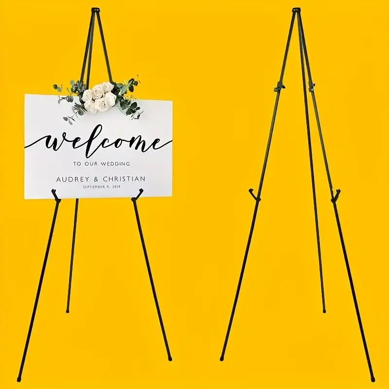 66.1in Folding Tripod Easel Stand, Adjustable Steel Floor Display Holder with Non-Slip Ft, 14.57in Folded Portable Sign Easel for Wedding Posters, Canvas, Black/White Festive & Party Backdrop Supply