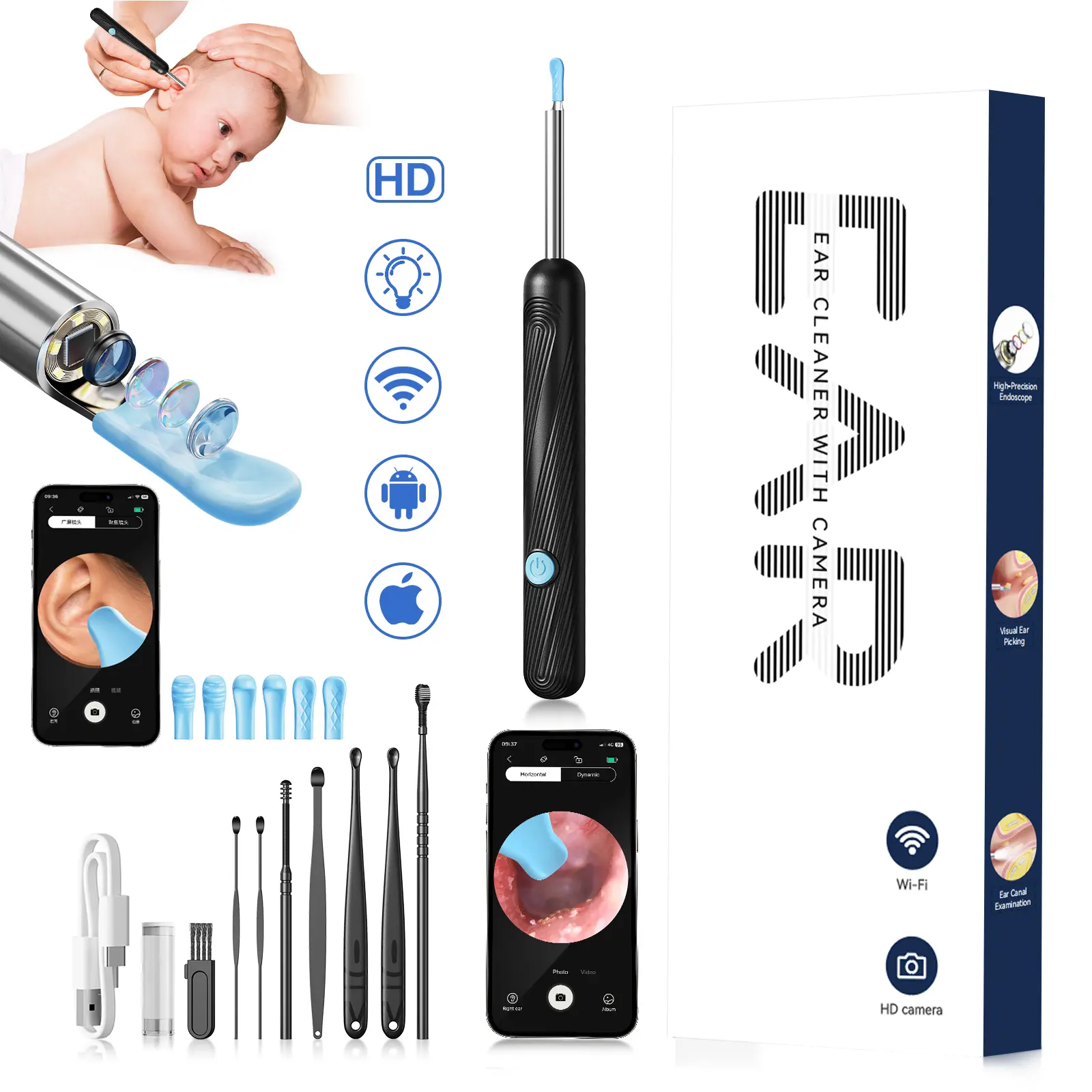 [DealsForYouDays] Smart Earwax Removal Tool with Camera, 1080P HD WiFi Ear Cleaner, Rechargeable USB Dual Power Ear Picker with 6-Piece Spoon Set, Safe & Gentle Visual Ear Care