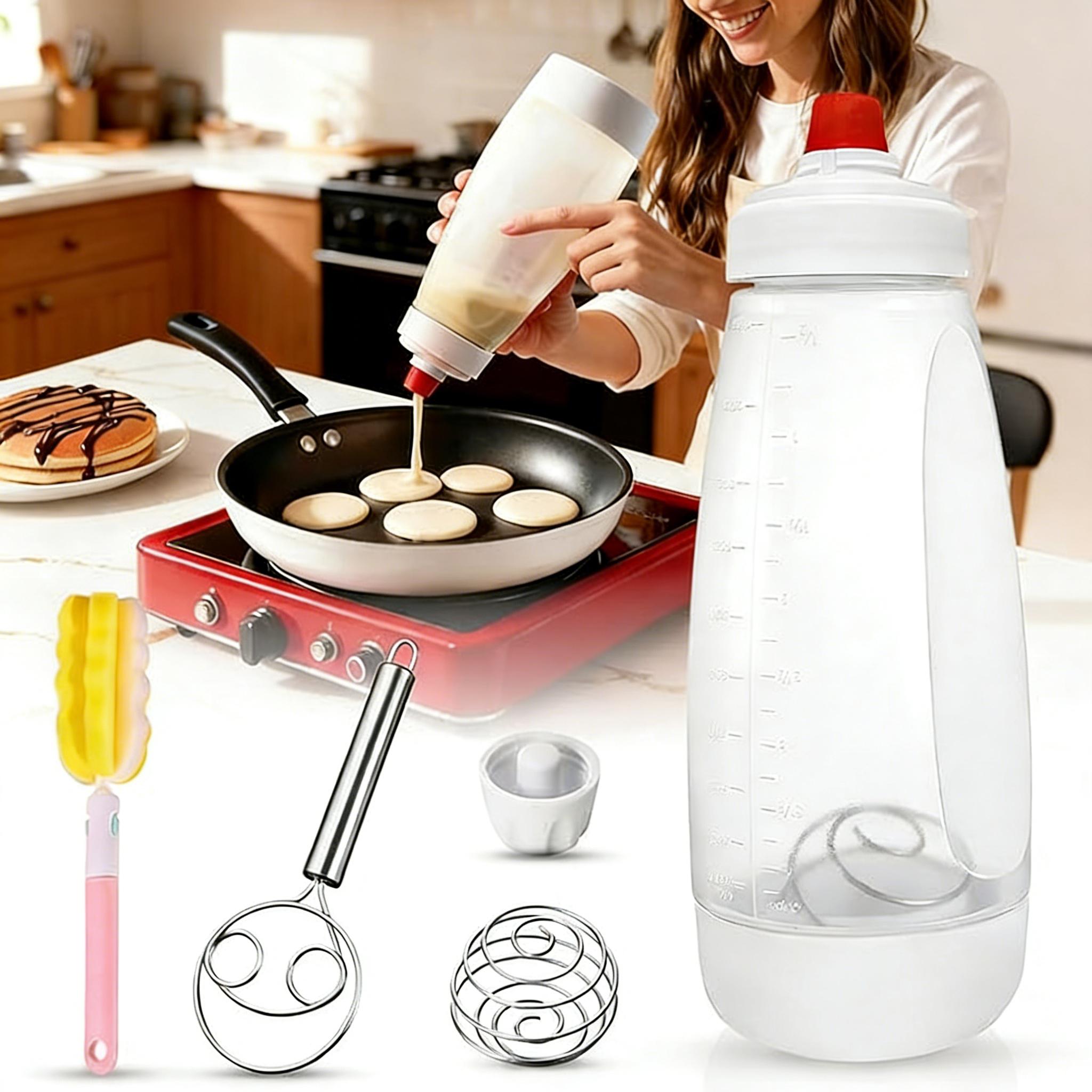 UFORU Handheld Batter Dispenser Set with Cleaning Brush and Egg Whisk Batter Mixing Bottle Package,Home Kitchen Gadget, Cookware, Pancake Batter Dispenser with Mixing Ball, Suitable for Making Smooth Batter for Cupcakes, Pancakes, Muffins, etc. Bakeware