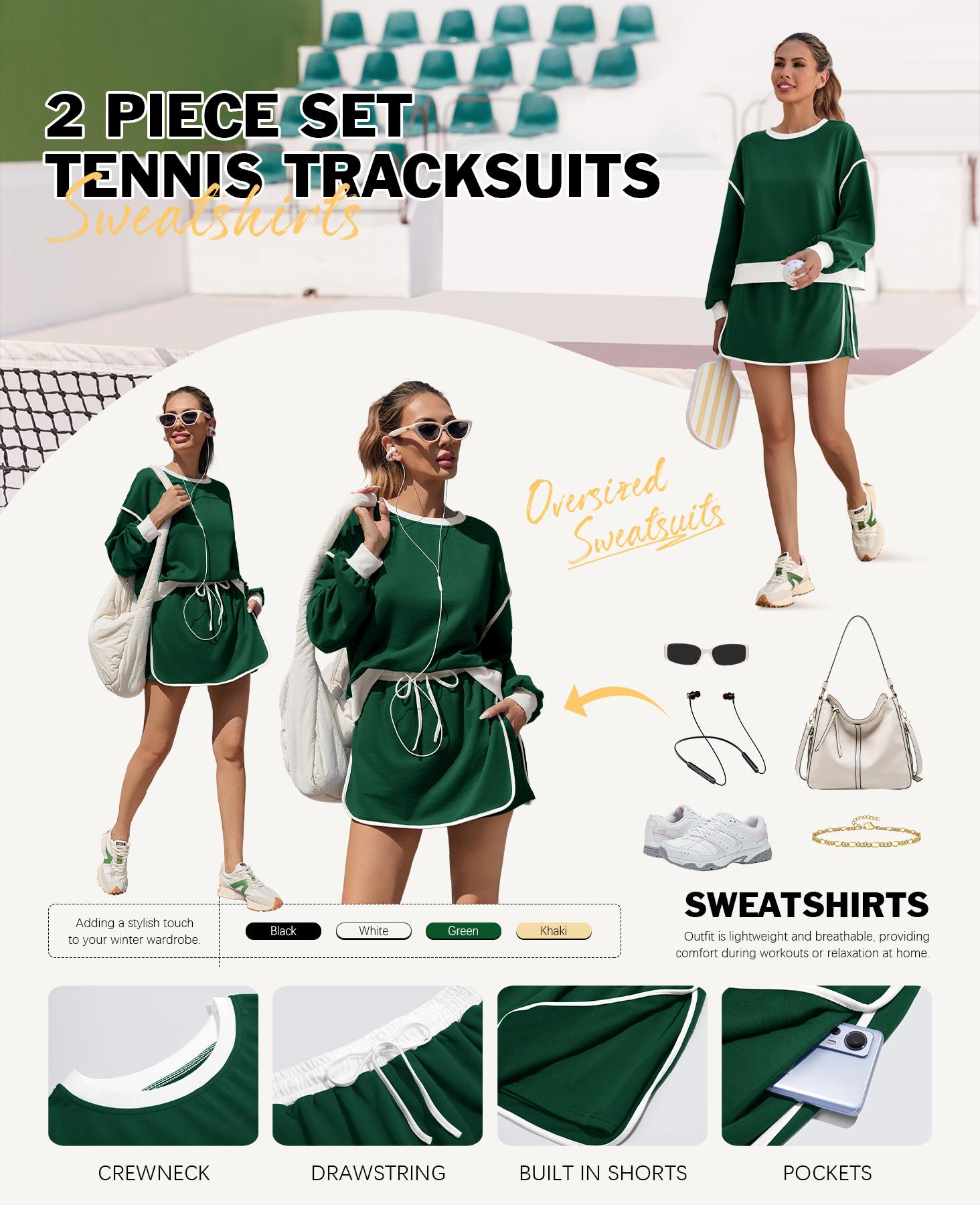 Fisoew Womens Sweatsuits 2 Piece Set Crewneck Sweatshirts High Waisted Skort Skirts Tennis Running Tracksuits Shorts Sets Summer Sportswear Thermal Lined Sports SpringStatements