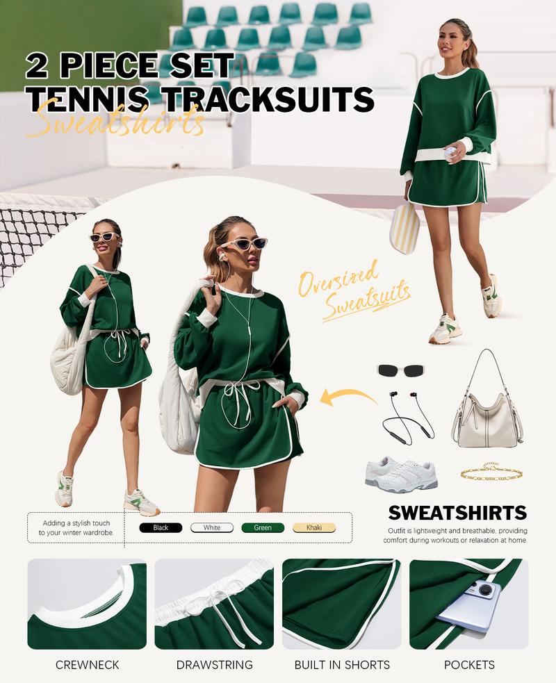 Fisoew Womens Sweatsuits 2 Piece Set Crewneck Sweatshirts High Waisted Skort Skirts Tennis Running Tracksuits Shorts Sets Summer Sportswear Thermal Lined Sports