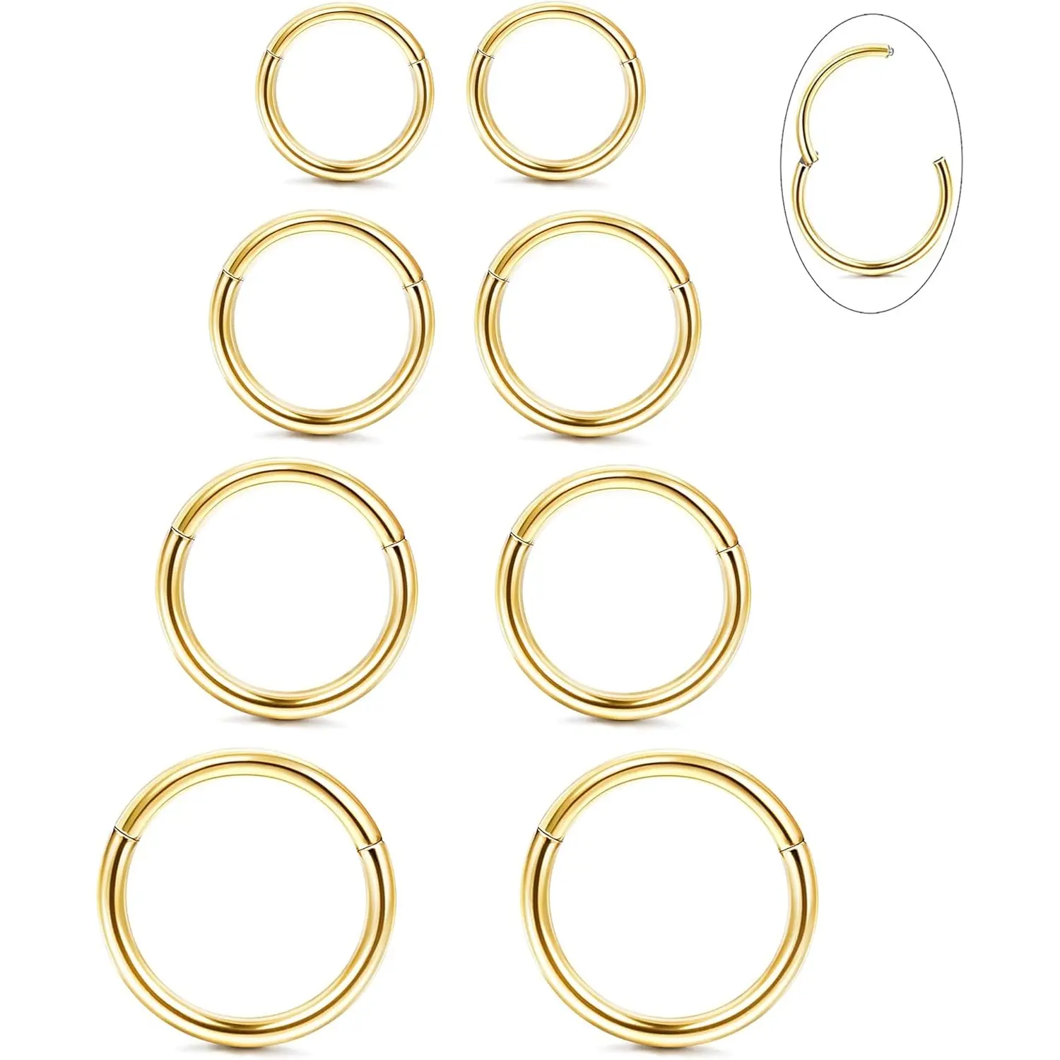 Milacolato 8Pcs 16G G23 Rustproof Titanium Nose Hoops - 1/4"(6mm) Seamless Hinged Clicker, Minimalist Geometric Body Jewelry for Women’s Nose Piercing, Rook Piercing, Conch Piercing, Helix Earring Use