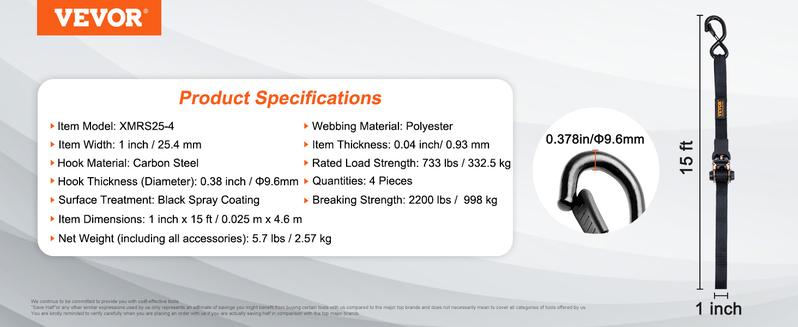 VEVOR Ratchet Tie Down Straps Kit, TikTokShopBlackFriday, 2200-11128 lb Max Break Strength, Includes 4 Premium 1" x 15' Rachet Tie Downs with Padded Handles, for Moving Securing Cargo, Appliances, Lawn Equipment, Motorcycle
