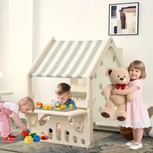 【Over 5,000 Orders Sold】Kids Playhouse with Building Block Panel and Categorized Storage Compartments, Featuring Roof and Curtains Indoor Play Storage for Toddlers, Packed with Creative Fun Shelves & Racks Gray Summervibes