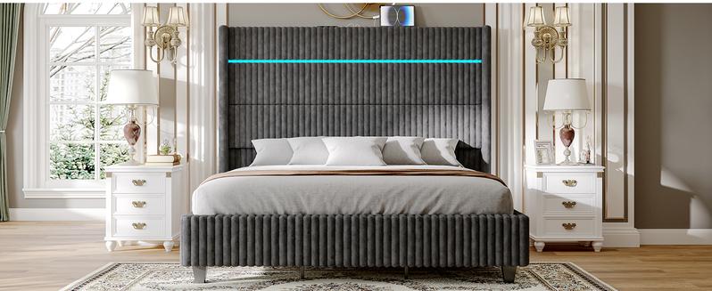 AMERLIFE Bed Frame with LED Lights Charging Station, Corduroy Upholstered Platform Bed Frame with 60" Tall Wingback Headboard/No Box Spring Needed,Best Gift Ideas/Christmas Gifts