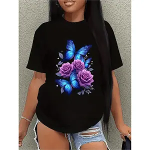 Elegant Black TShirt Featuring Vibrant Blue and Purple Butterfly and Rose Design Short Sleeve Round Neck Casual Summer Top Butterfly Shirt