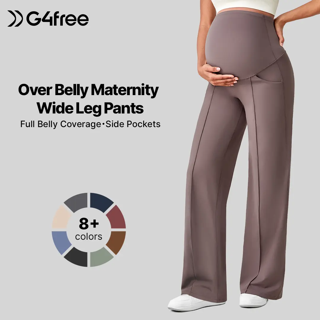 G4Free Women's Maternity Outfit Over-The-Belly Stretchy Wide-Leg Pants with Pockets - Soft Yoga, Work Slack, Postpartum Nursing Lounge Trousers