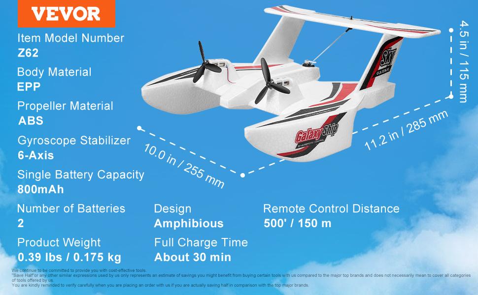 VEVOR RC Plane,  2.4GHZ 3 Channel Remote Control Airplane with 6-Axis Gyro Stabilizer, Ready to Fly Amphibious Aircraft Plane Toy with 2 Batteries, Easy to Fly RC Glider for Adults Kids Beginners Boys