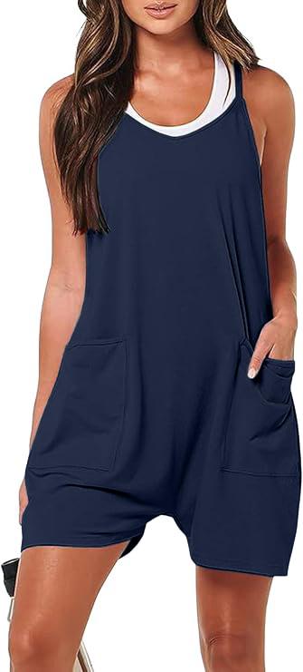 [Limited time deal] Jumpsuits for Women Casual Summer Rompers Sleeveless Loose Spaghetti Strap Shorts Overalls Jumpers with Pockets A948