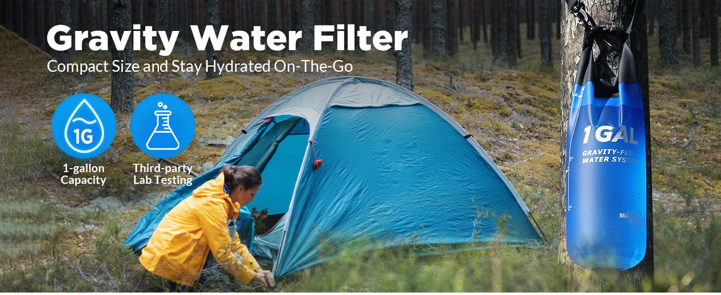 Membrane Solutions 1 Gallon Gravity Water Filter 0.1-Micron with Adjustable Tree Strap Storage Bag,Survival Gear Camping Emergency Preparedness