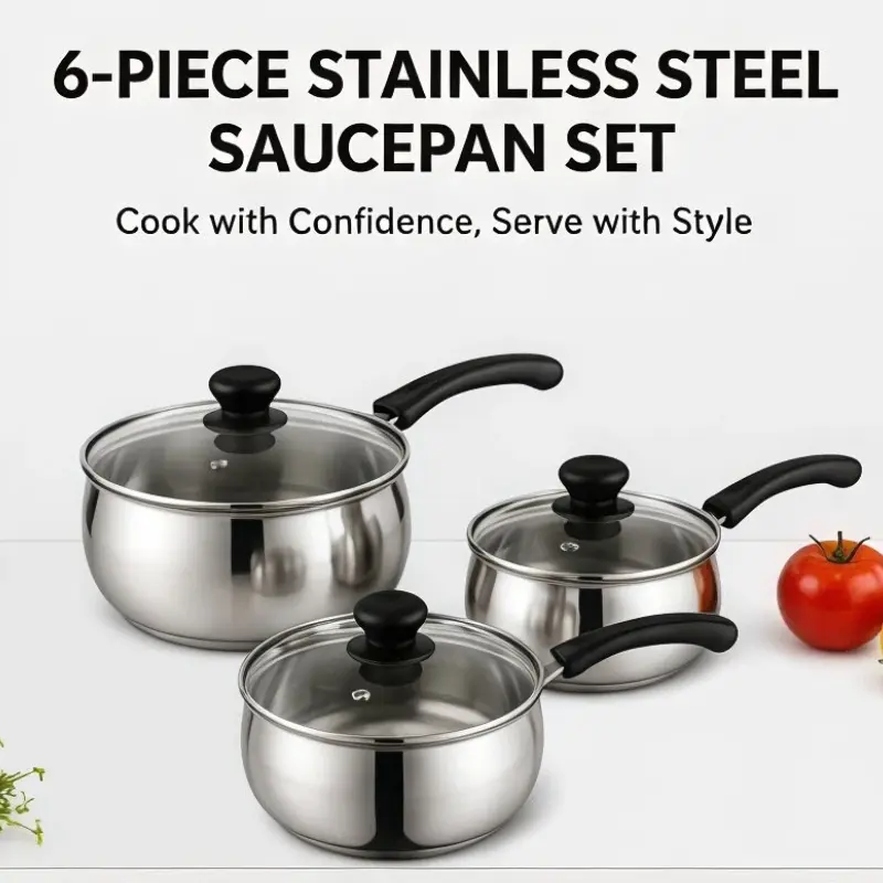 6-Piece Thick Stainless Steel Kitchen Cooking Cookware Set, Multi-Size Pots with Non-Stick Even Heating, 3 Glass Lids, Compatible with Induction Cookers & Gas Stoves, Ideal for Baby Food & Heating Water, Boiling Noodles