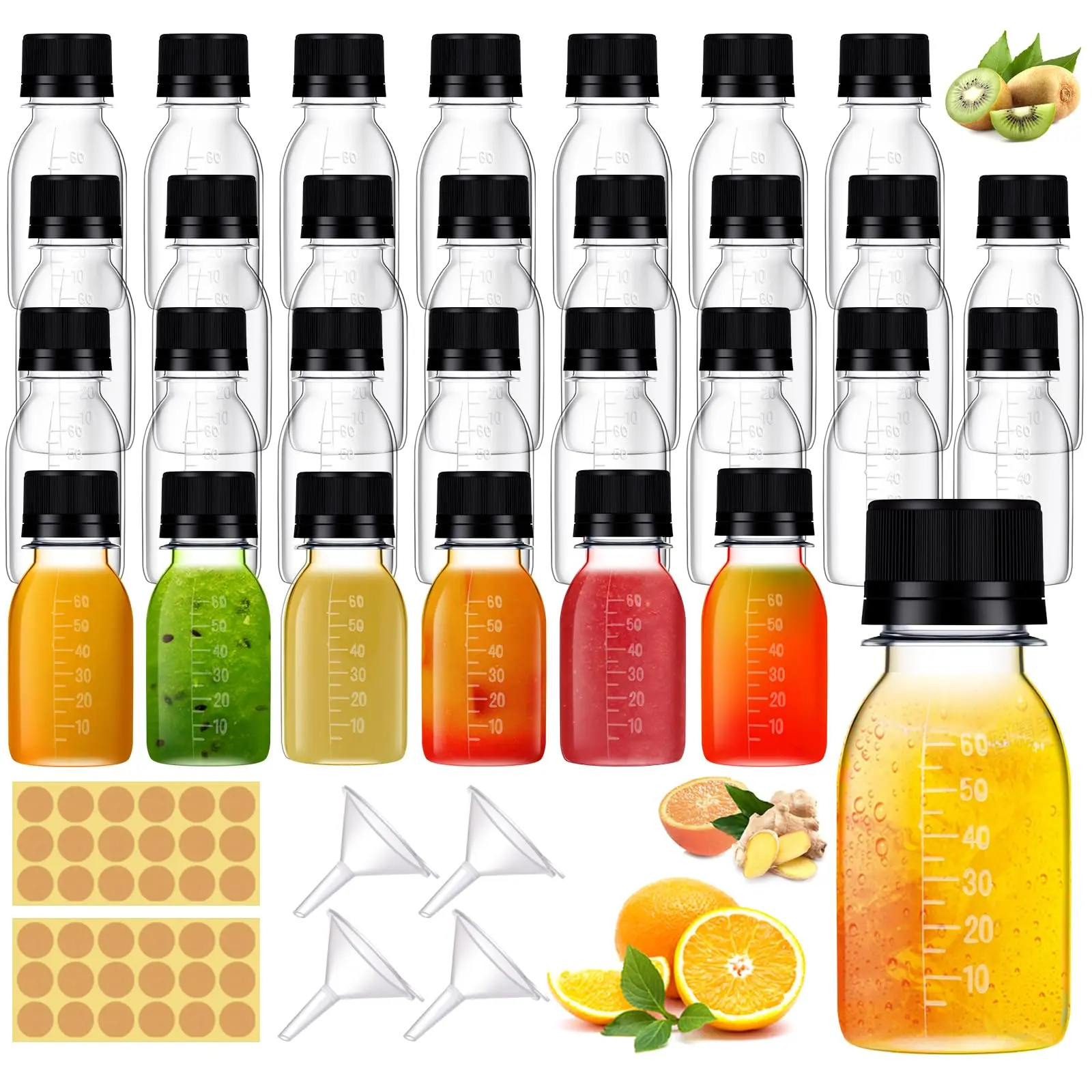 Kesaplan 42 Pcs 2oz Plastic Bottles for Liquids, Mini Jars with Lids juice shot bottles with caps with Scale and Labels for Juice Ginger Sauce Bulk Portable Travel