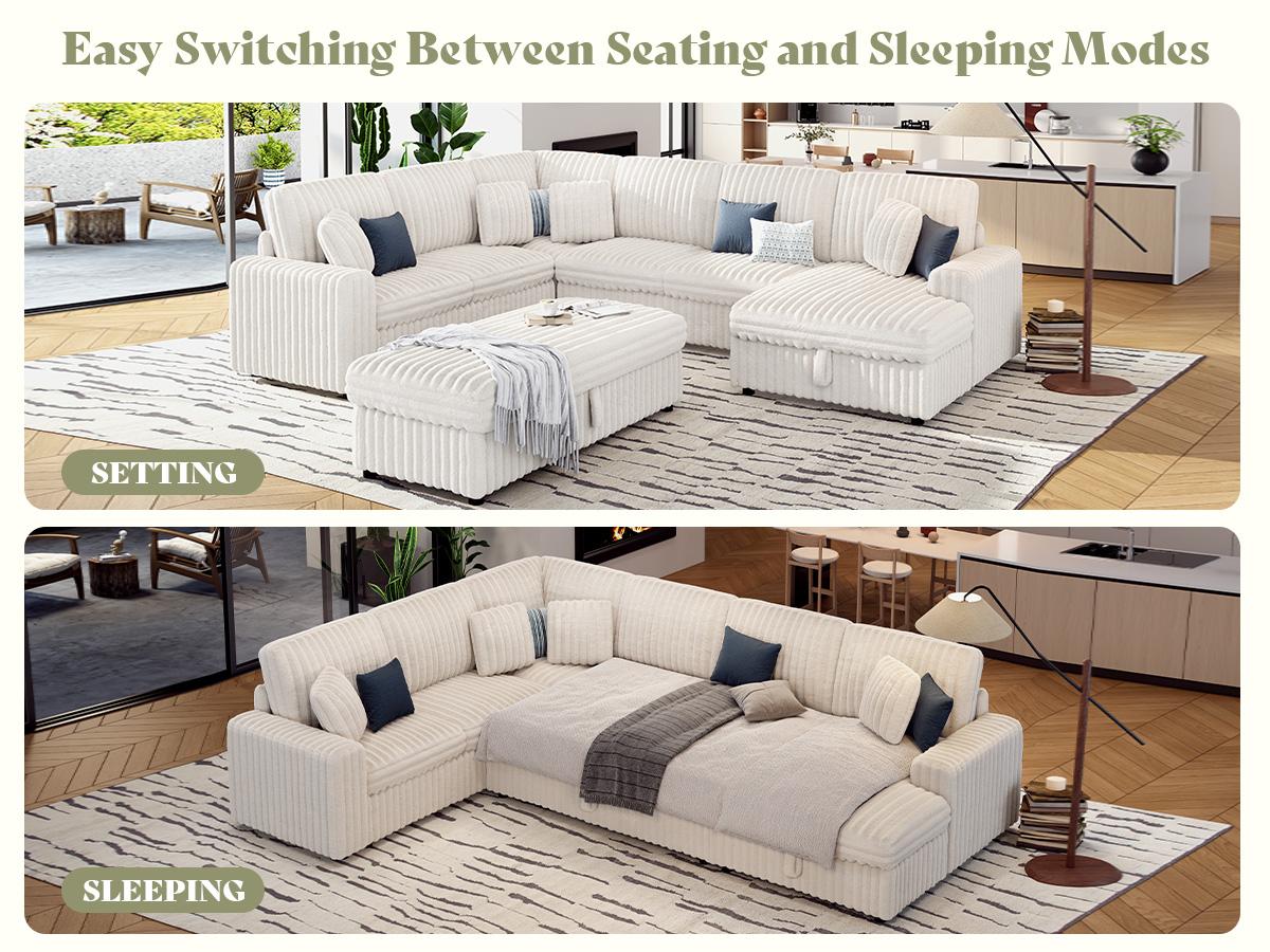 [Ships in 3 Boxes] AMERLIFE 129 Inch Sectional Couches for Living Room, Sectional Couch with Storage & Ottoman, Modular Sectional Sofa Converts to Sleeper, Cloud Couch Sectional for Large Space