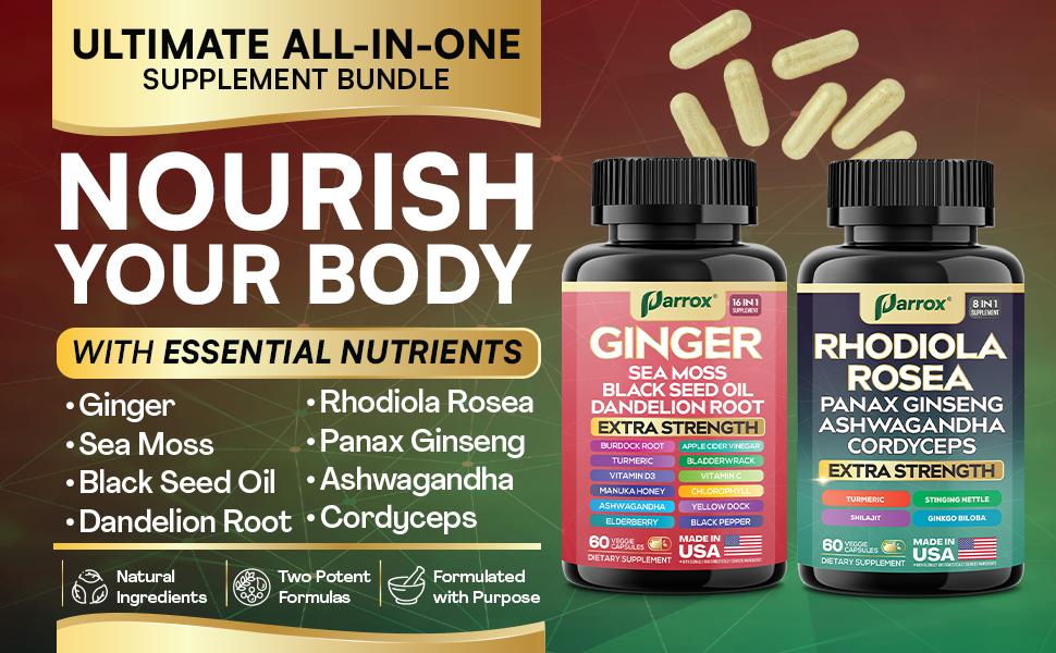 PARROX Health Boost Bundle - Ginger & Rhodiola Rosea Multivitamin Supplement - Gut Support, Energy, Mental Focus, & Overall Wellness - 60 Capsules - Made in USA PARROX Health Boost Bundle - Ginger & Rhodiola Rosea Multivitamin Supplement - Gut Support, Energy, Mental Focus, & Overall Wellness - 60 Capsules - Made in USA