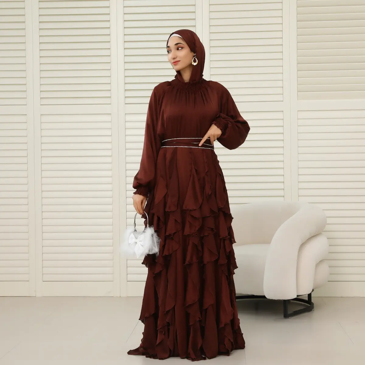 Women's Modest Fashion Inspo 3-Piece Pleated Satin Ruffle Abaya Set with Crystal Belt, Hijab (NCS015)