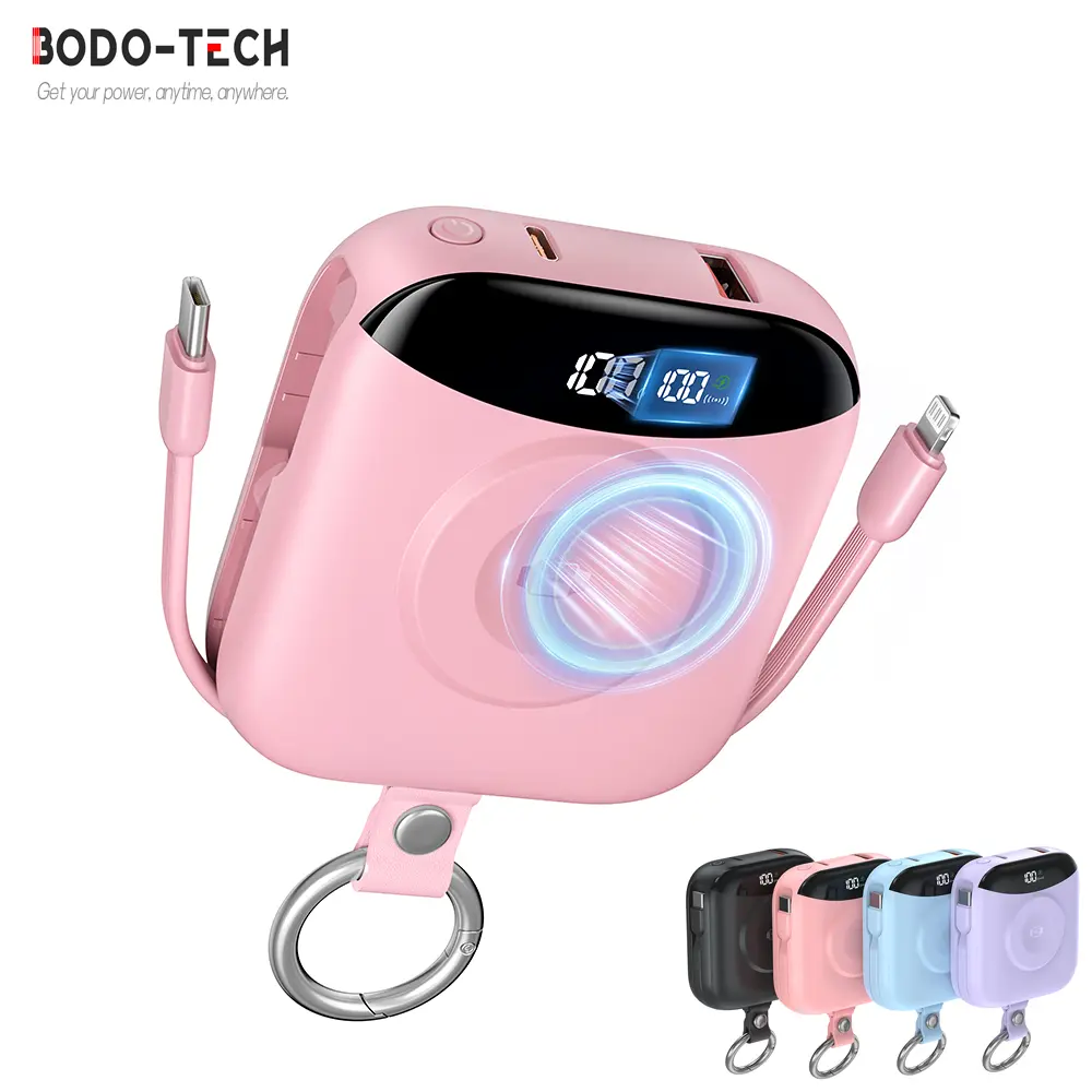 Bodo-Tech 10000mAh Wireless Charging Watch Power Bank with Keychain Ultra-thin Fast Charge for iWatch iPhone iPad Portable Power Bank with Built-in Lightning & USB-C Cables Compact Pink Travel Battery Pack