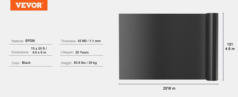 VEVOR Pond Liner, TikTokShopBlackFriday, 15 x 20 ft 45 Mil Thickness, Pliable EPDM Material Pond Skins, Easy Cutting Underlayment for Fish or Koi Ponds, Water Features, Waterfall Base, Fountains, Water Gardens