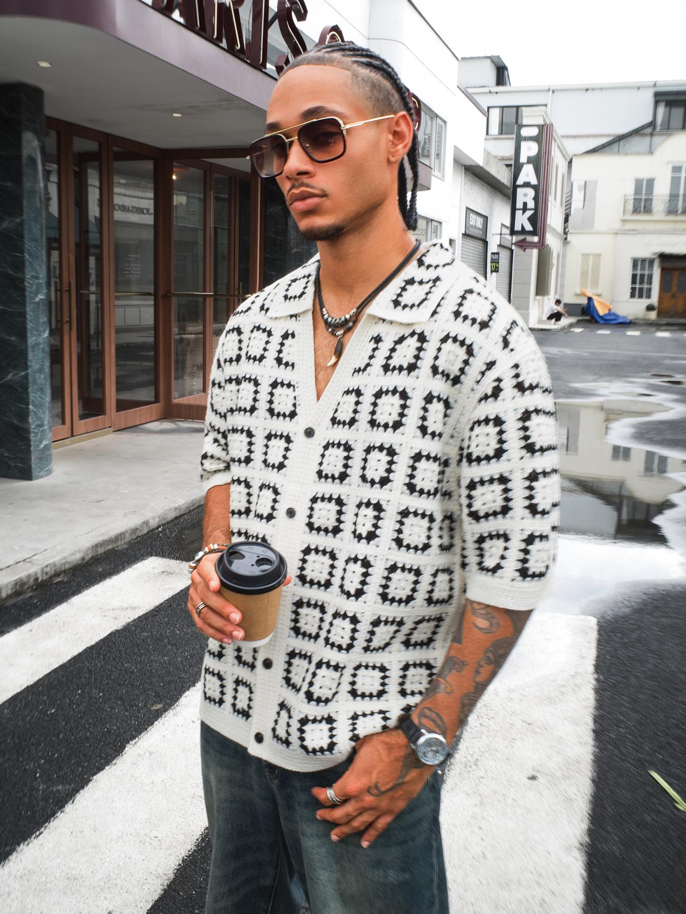 Summer Essential Men's Dark Green Colorblock Knit Short-Sleeve T-Shirt with All Over Print Loose Fit Casual Vacation Wear Tops Button Up