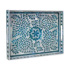 Modern Blue Rectangular Serving Tray with Handles – 15.7" x 11.8" x 1.6" Plastic Decorative Tray for Coffee Table, Ottoman & Living Room Decor
