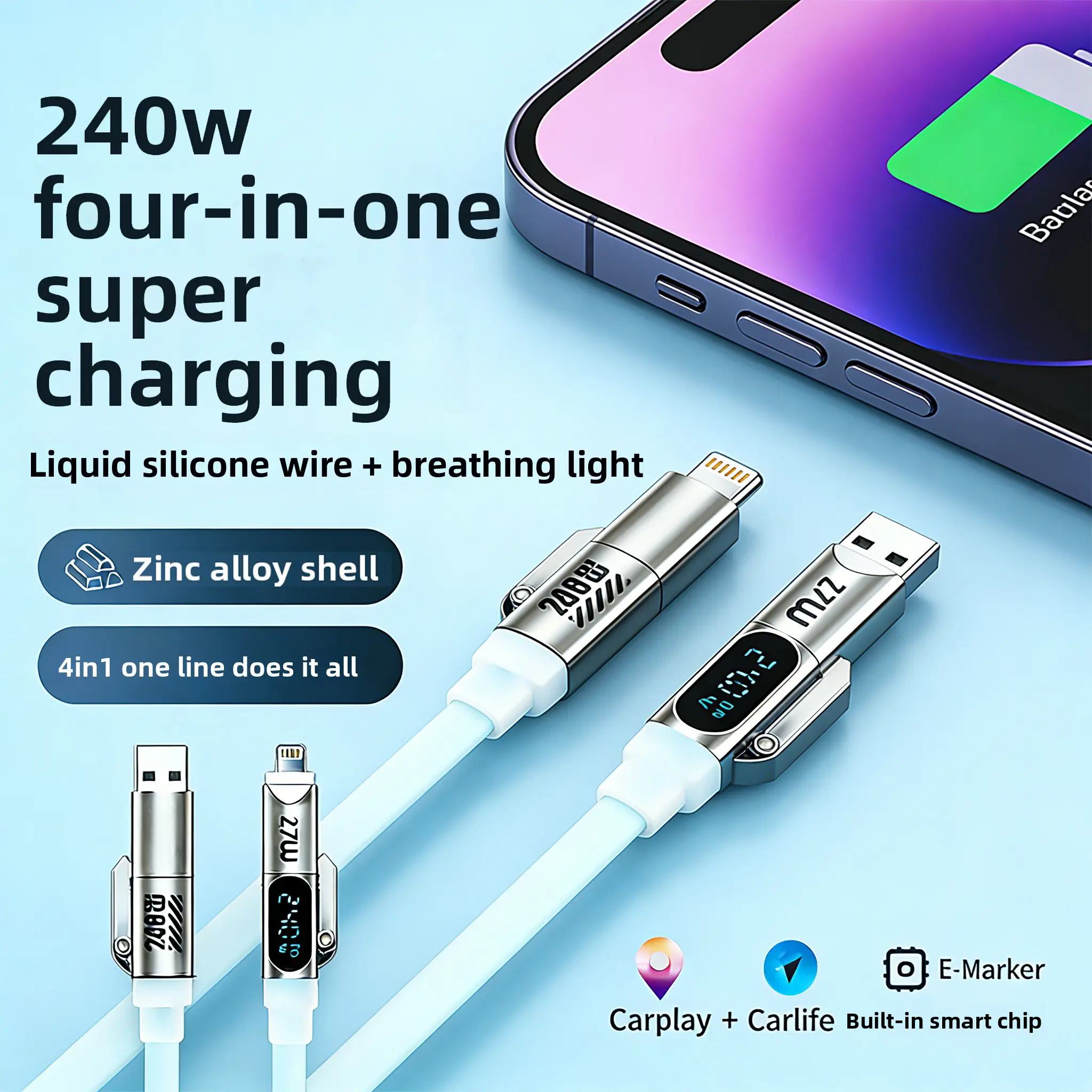 240W 4-in-1 Charging Cable - USB-A, Type-C, Lightning Connectors, Aluminum Alloy, Liquid Silicone, Blazing Fast Durable Electronic Charger for Smartphone, iPhone 17/16/15, iPad, Samsung, Laptops (LED Screen Compatible)
