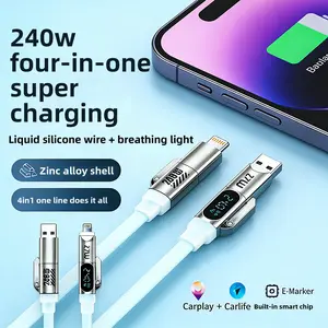 240W 4-in-1 Charging Cable, USB A Type C Lightning, Aluminum Alloy, Liquid Silicone, Durable Charging, Compatible with iPhone 17/16/15, iPad, Samsung, Laptops