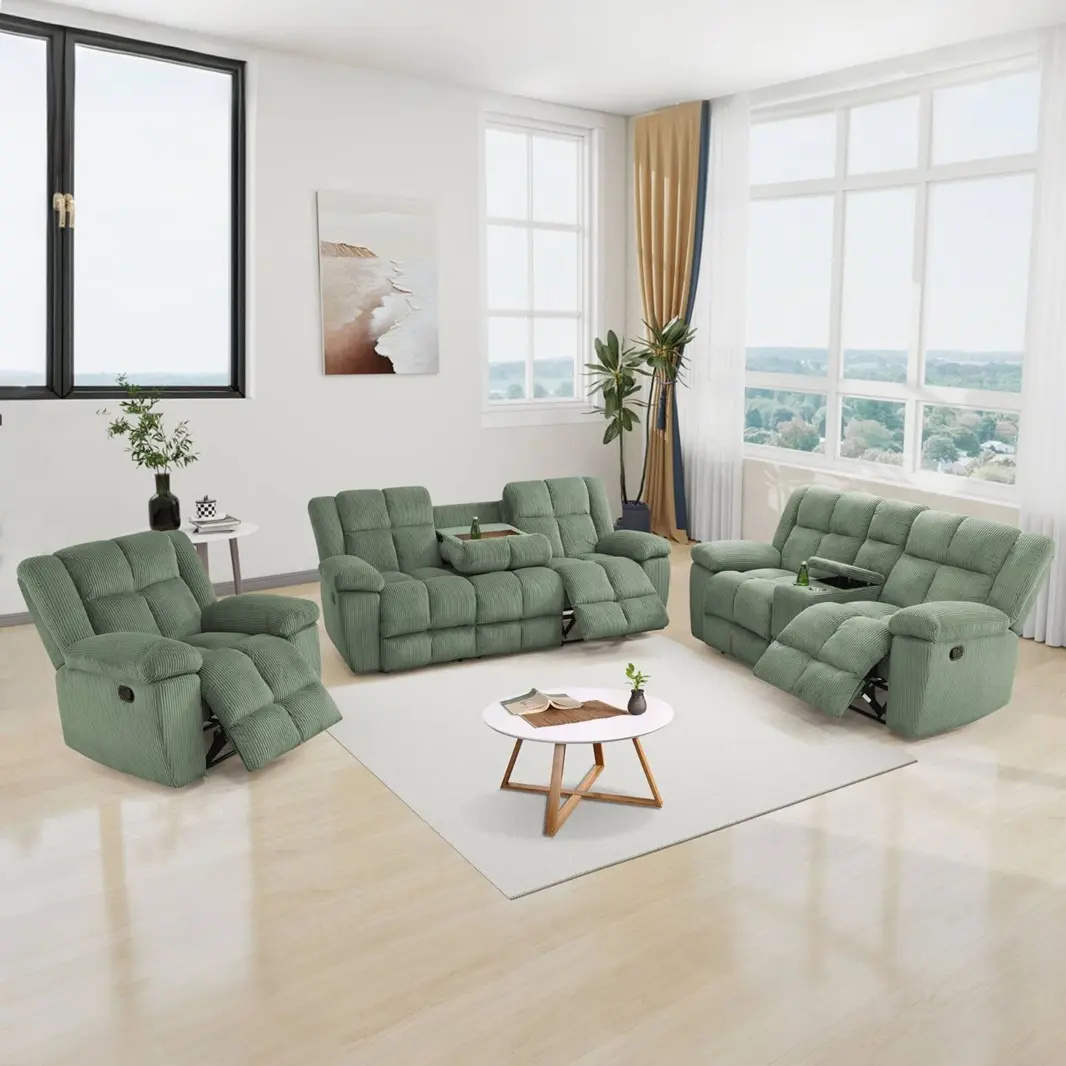 Soft Corduroy 3-Piece Adjustable Living Room Furniture Set - Sage Ribbed Texture Fabric, Includes Manual Reclining Sofa, Loveseat, Recliner Chair with Drop-Down Table and Center Console
