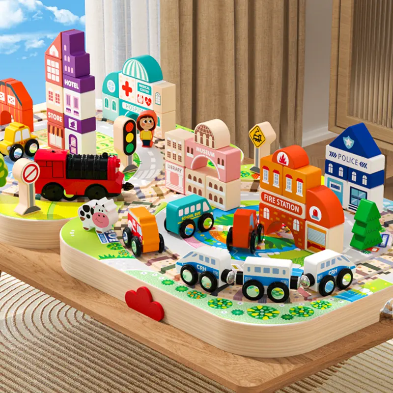EDUTREE Wooden Track City Blocks Set - Unisex Kids Toys with Magnetic Trains, Open-Ended Play Model Building Kits, DIY Portable Durable Travel Toy, Boosts Hand-Eye Coordination & Creativity, Halloween/Birthday Gift