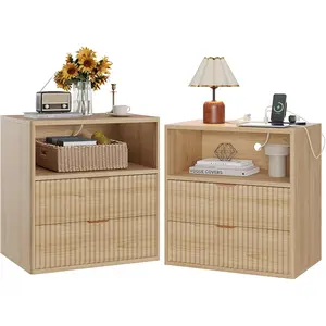 GAOMON Fluted Farmhouse Night Stand Set of 2 with Charging Station, 23" Mid-Century Modern Nightstand, 2 Drawers End Table, Wood Side Table Set for Bedroom Sofa Home Office