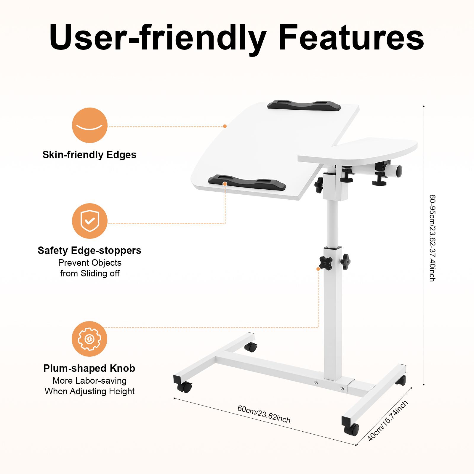 Modern Height-Adjustable Laptop Table with Locking Wheels, 40x40cm Tilt Top, Rolling Mobile Computer Workstation for Bedroom, Office White Study Desk