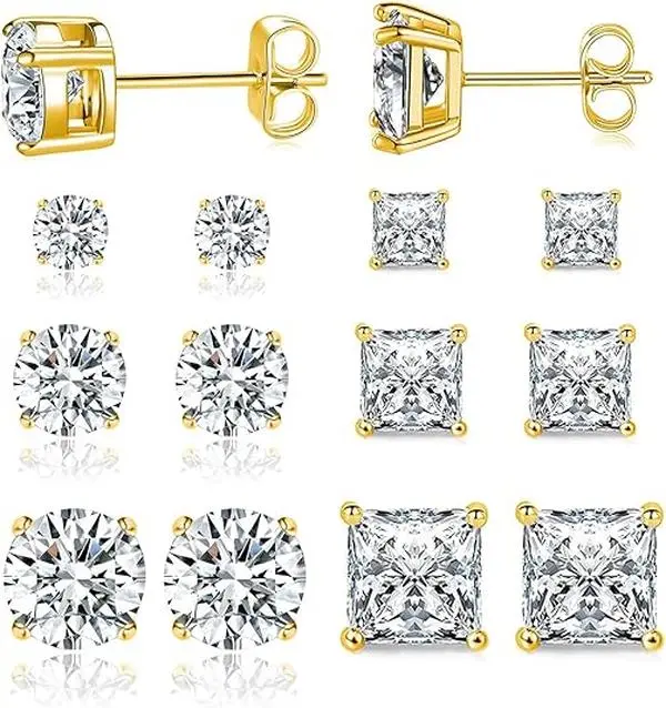 18K White Gold/Yellow 5/6 Pairs 0.1-0.25CT Stud Earrings Set Princess &Hypoallergenic 3-8mm Clear CZ Earring Set & Round/Cubic Stud Earrings Gift for Women/Men