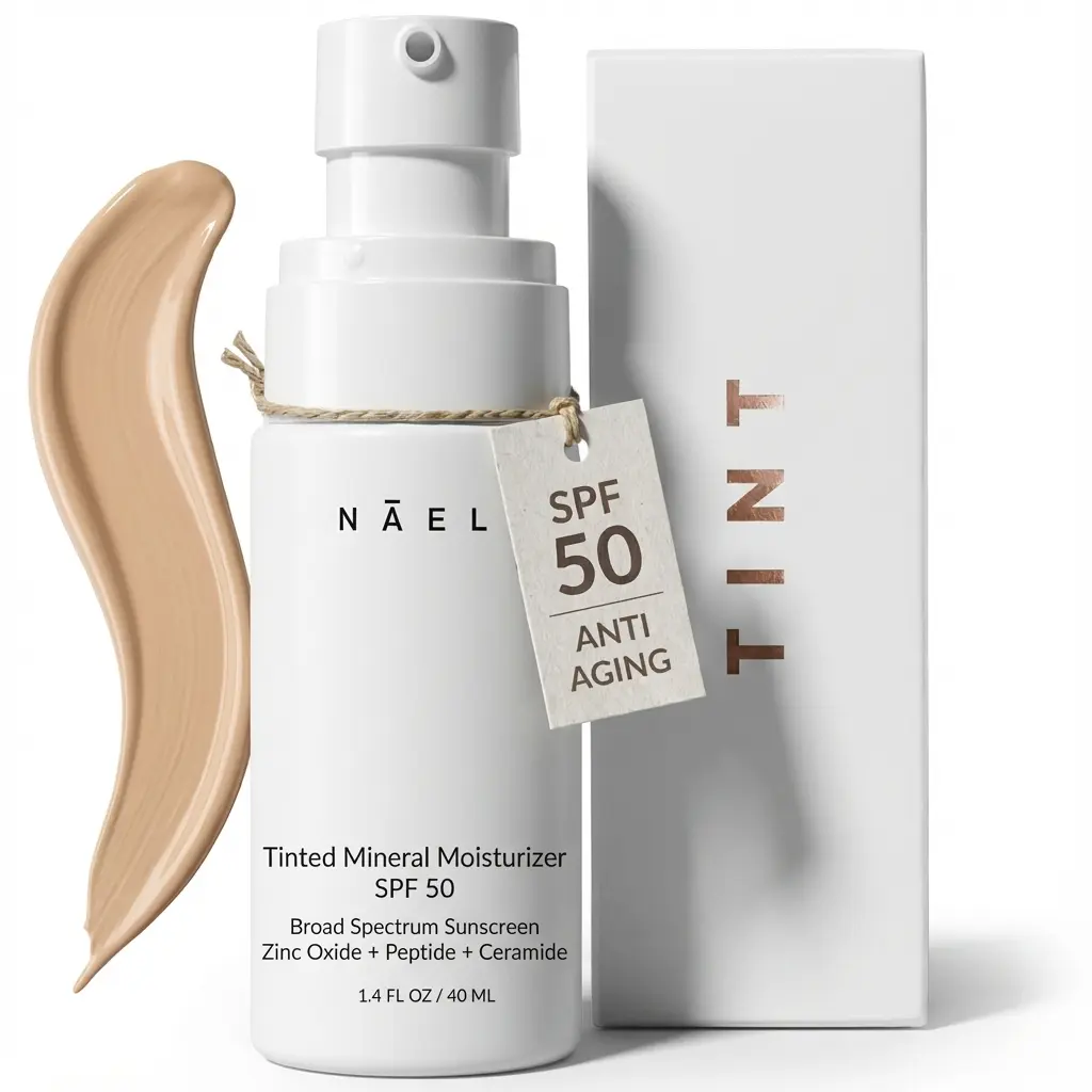 NAELI Anti Aging Tinted Moisturizer SPF 50, Mineral Sunscreen for Face with Zinc Oxide, Peptides & Ceramides, Natural Hydrating Universal Tint, 1.4 oz