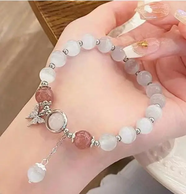 Women Sweet Pink Cracked Beaded Bracelet Imitation Pearl Bow‑knot Pendant Adjustable Bracelet Daily Jewelry Gift