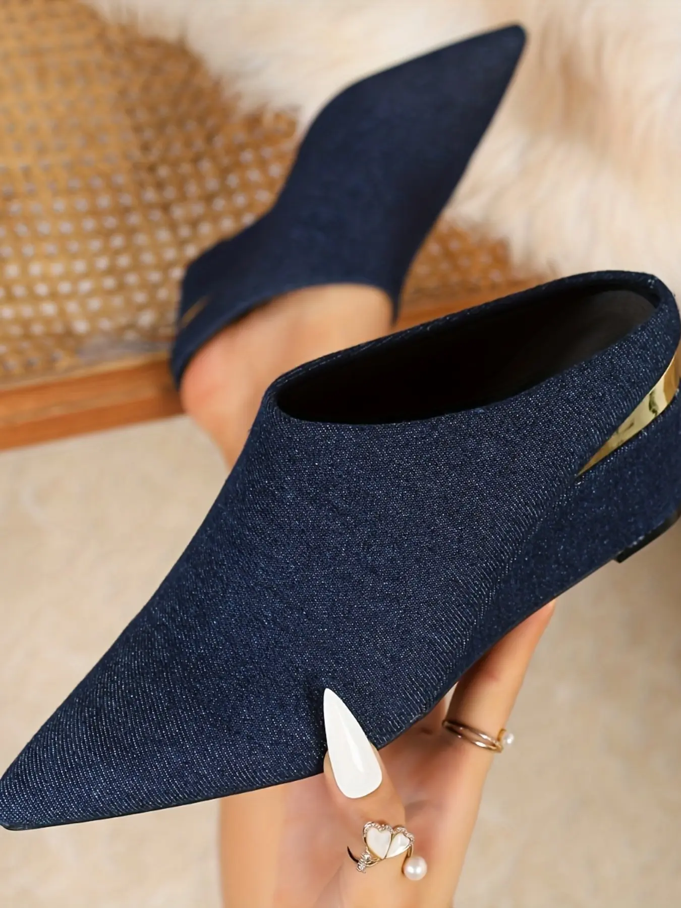 Women's Denim Pointed Toe Wedge Sandals Mules, Blue Thick Sole Slip-On Shoes, Casual Fashion Footwear for All Seasons