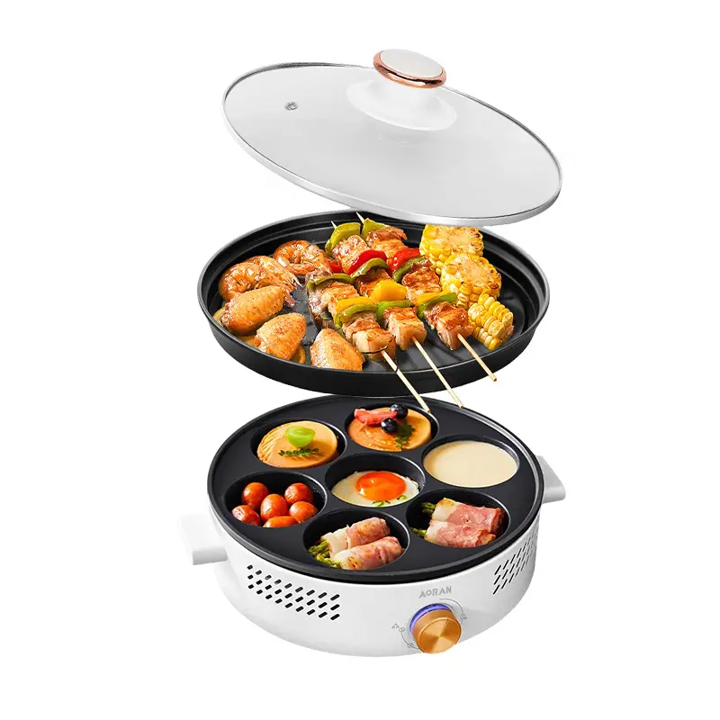 Double-layer electric griddle with 5-level temperature control, non-stick surface, smoke-free operation, glass lid included, dishwasher-safe. Ideal for grilling, pancakes, eggs, and burgers.