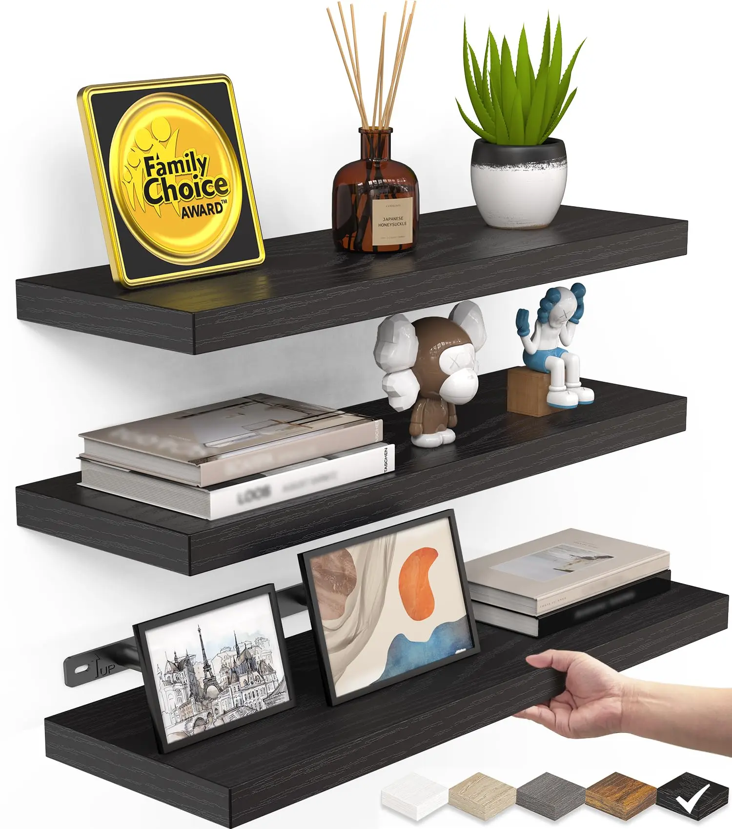 BAYKA Floating Shelves for Wall, Wall Mounted Rustic Wood Shelves for Bathroom, Bedroom, Living Room, Kitchen, Hanging Shelf for Books/Storage/Room Decor with 22lbs Capacity