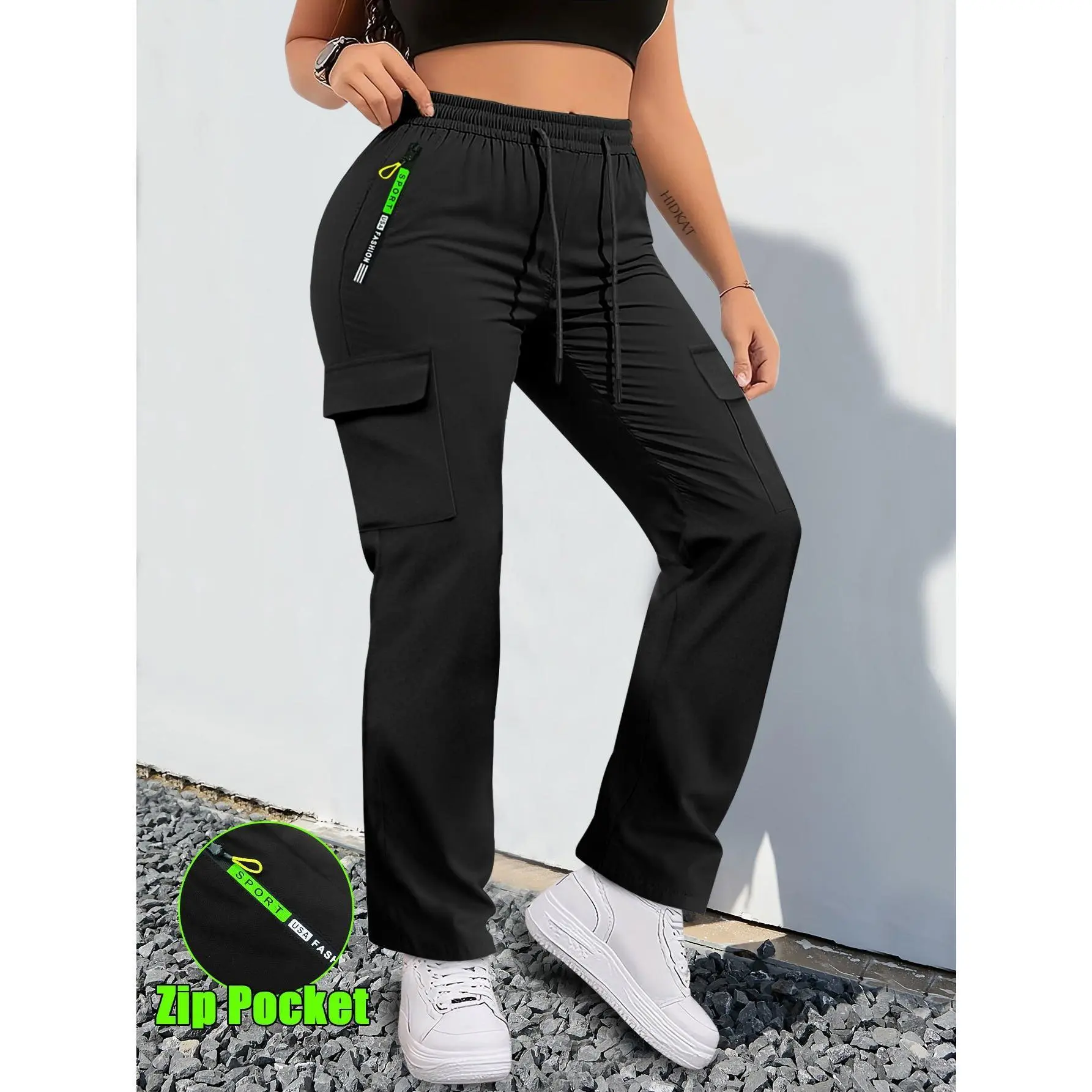 Women’s Multi-Pocket Cargo Pants - High-Waisted Elastic Drawstring Straight Leg Joggers with Zipper Pockets for Spring/Fall, Casual Streetwear, Elastic Drawstring Joggers, Cargo Pants Women, Work Clothes Women