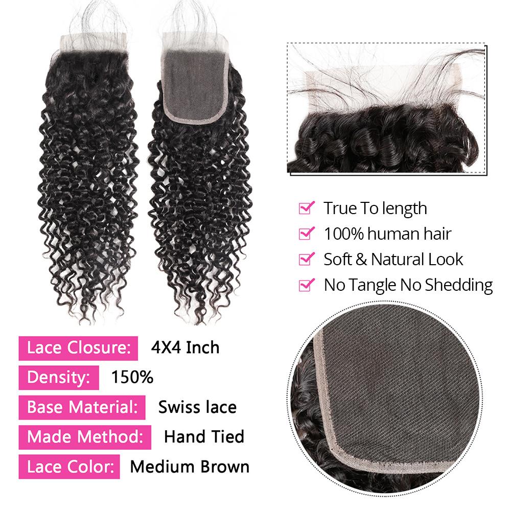 Curly Hair Bundles with Closure Virgin Human Hair Bundles with Closure 4x4 Lace Closure with 3 Bundles Mongolian Curly Quick Weave