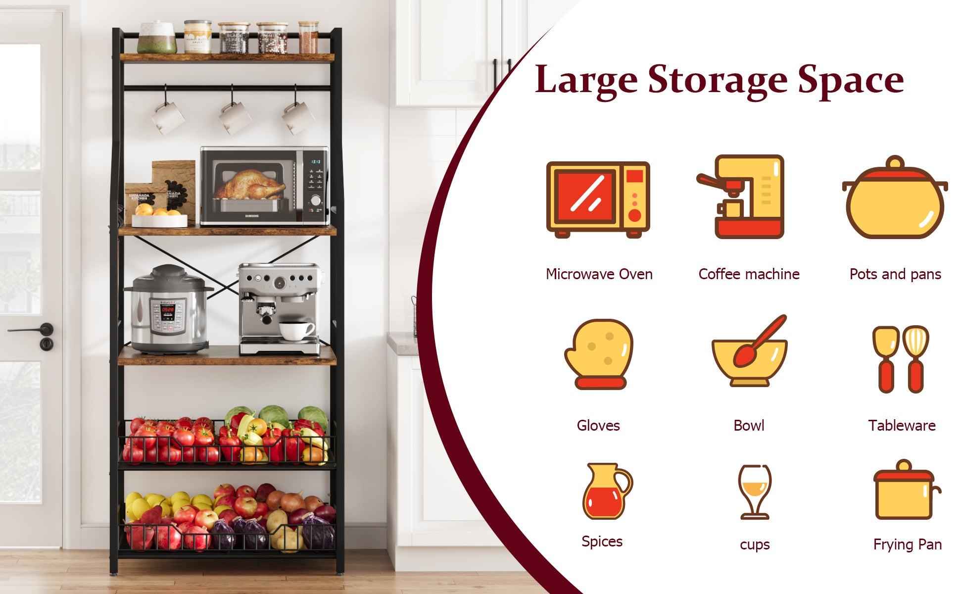 GARVEE Kitchen Bakers Rack with Microwave Stand - 5-Tier Storage, Adjustable Feet, Anti-Tip Kit, and 8 Hooks, Perfect for Organizing Coffee Bars and Kitchens with Rustic Wire Baskets.