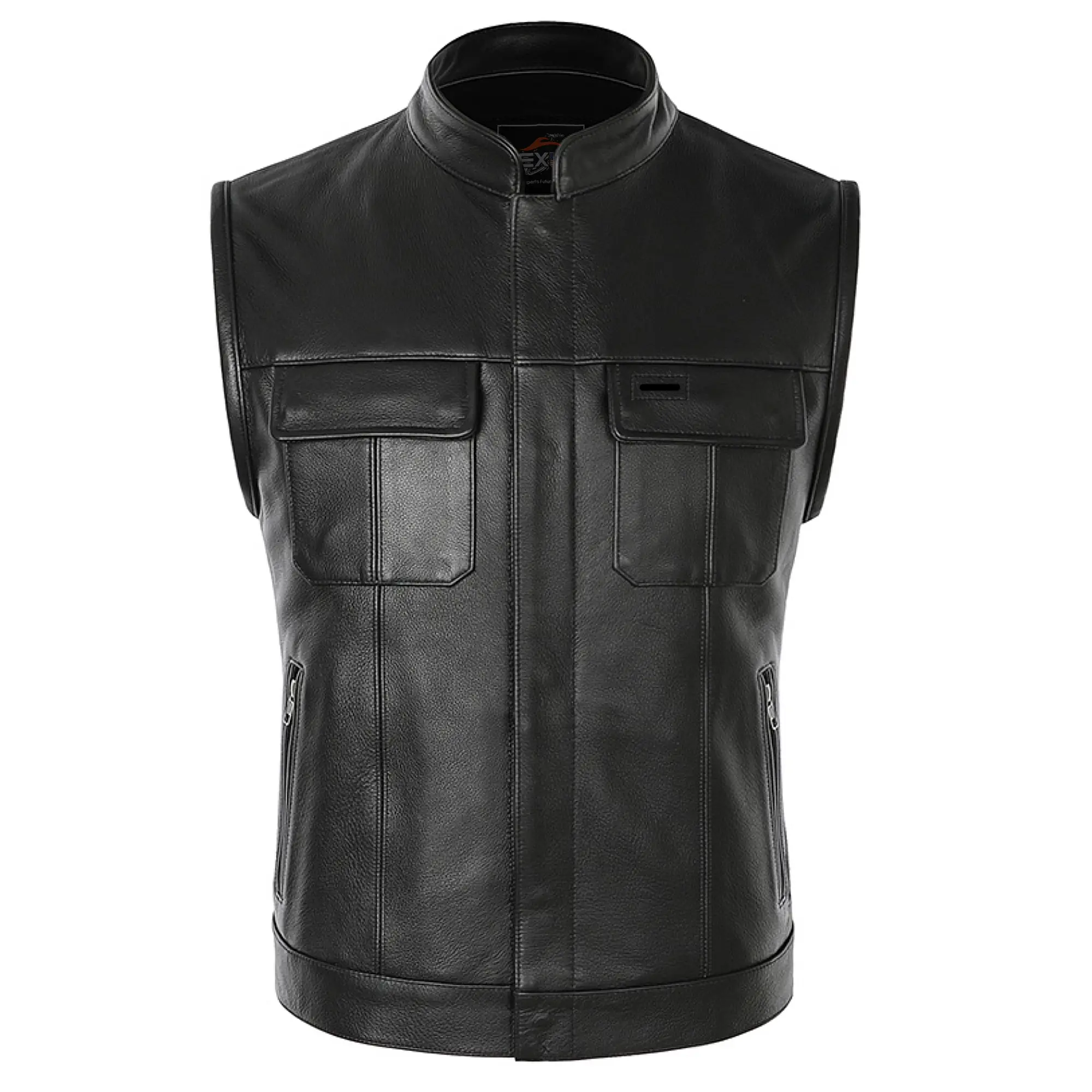 Men's Genuine Leather SOA Biker Vest - Black Motorcycle Protective Gear with Pockets