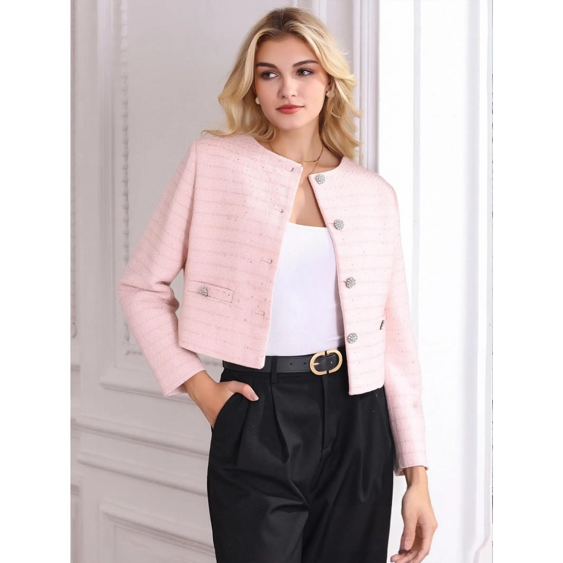 Women's Cropped Tweed Blazer - Chic Shimmer Sequins Polyester Fabric Long Sleeve Round Neck Minimalist French Style Fall Outerwear for Matching Skirts, Fit, Pockets, Elegance, Piece, Longsleeves, Jacket, Sparkly, Soft, Polyester Blend, Button Closure, Ele