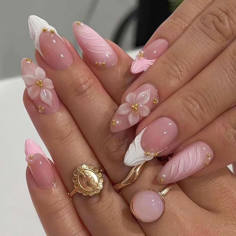 24PCS French Tip Press On Nails Medium Almond Pink Fake Nails with Embossed Flower Gold Beads Rhinestones Glue On False Nails Kit for Women Manicure