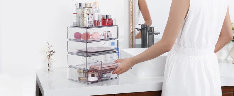 [2 Set] Vtopmart 5 Tier Clear Makeup Organizer with Drawer for Dresser Countertop & Bathroom Vanity Cosmetic Storage for Lipstick Brush Skincare Spacious Compartments Transparent Design Anti-Slip Silicone Pads Boxes New Year Gift