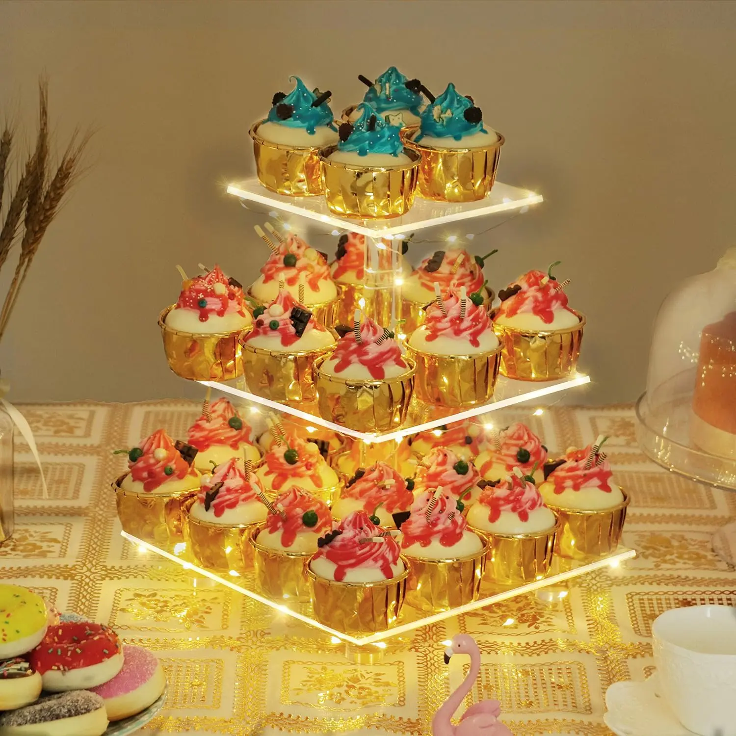 3-Tier Transparent Square Acrylic Cupcake Stand - Premium Extra-Large Cake Holder Tower with LED Lights, Yellow Light String - Festive Table Display for Weddings, Birthday Parties, Treats Showing