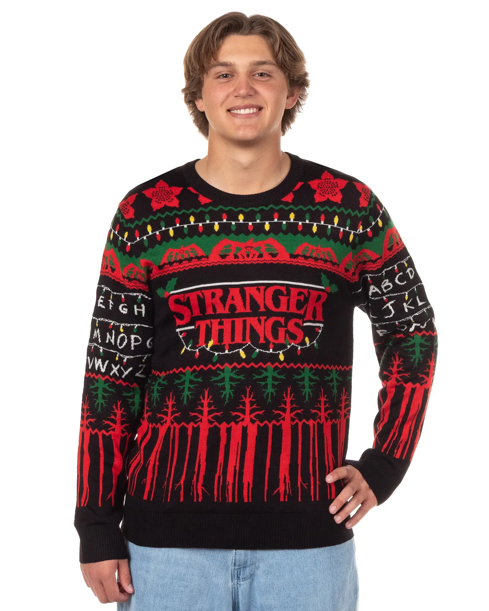 Men's Stranger Things Ugly Christmas Sweater - Menswear Tops, Upside Down Holiday Lights, Ribbed Acrylic Yarn Knit Pullover, Knitwear, Colorful, Soft, Hem, Long Sleeve, Textured, Round Neck