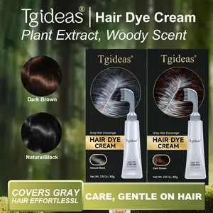 Tgideas Permanent Hair Dye, triple treatment, contains hyaluronic acid, 100% coverage of gray hair, available in black and brown, 1 box (includes hair dyeing tools).